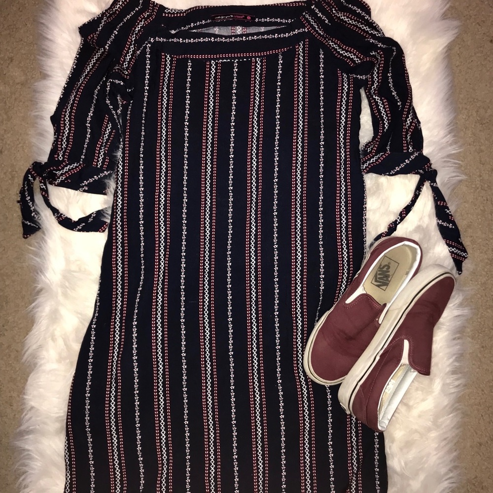 Navy Blue Bohemian Off the Shoulder Pattern Dress